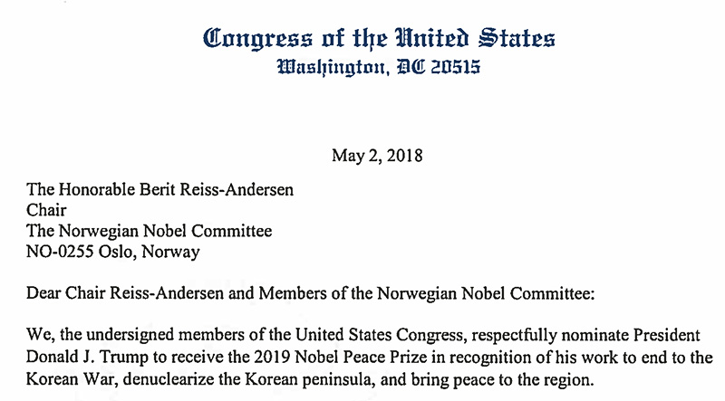 Письмо 18 американских конгрессменов в Норвежский Нобелевский комитет.
