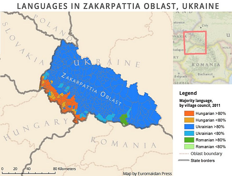 Карта преобладающих среди населения языков в Закарпатье.