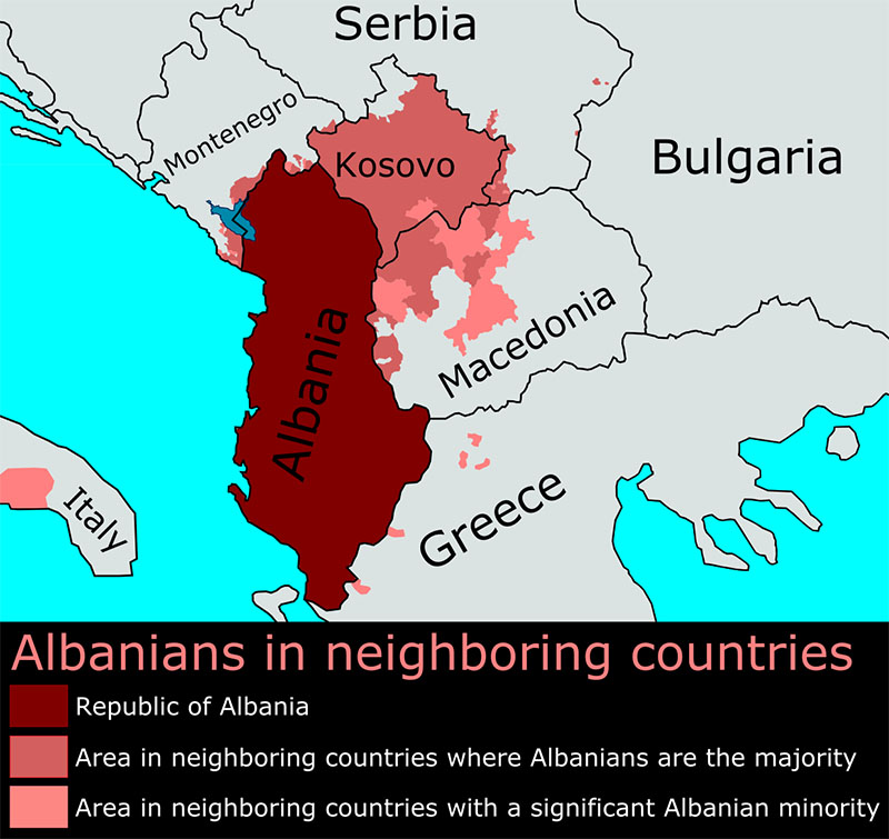 Карта проживания албанцев на Балканах.