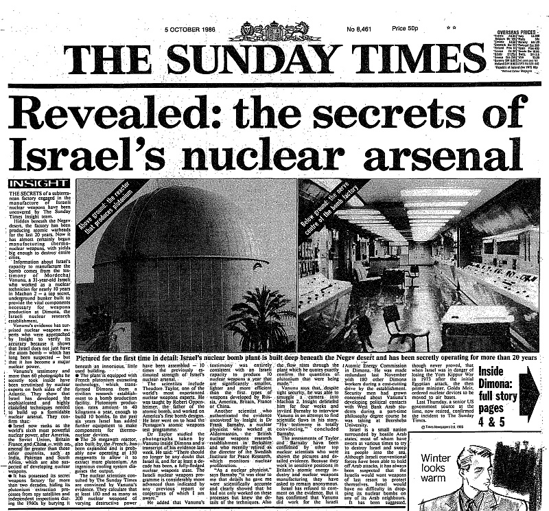 Сенсационная статья Вануну о сверхсекретном  заводе по производству ядерного оружия в Израиле вышла в газете Sunday Times.
