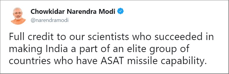 «Хочу поблагодарить наших ученых, которые успешно сделали Индию одной из стран, обладающих возможностью использовать противоспутниковые ракеты».
