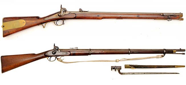 Люттехский штуцер образца 1843 года (в верху) и нарезная винтовка «Энфилд» (внизу).
