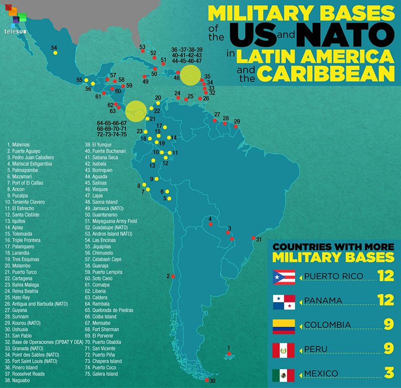 Соединённые Штаты имеют свои стратегические интересы в Латинской Америке и никто другой, включая самих латиноамериканцев, не должен там править бал. Карта военных баз США и НАТО в Латинской Америке.