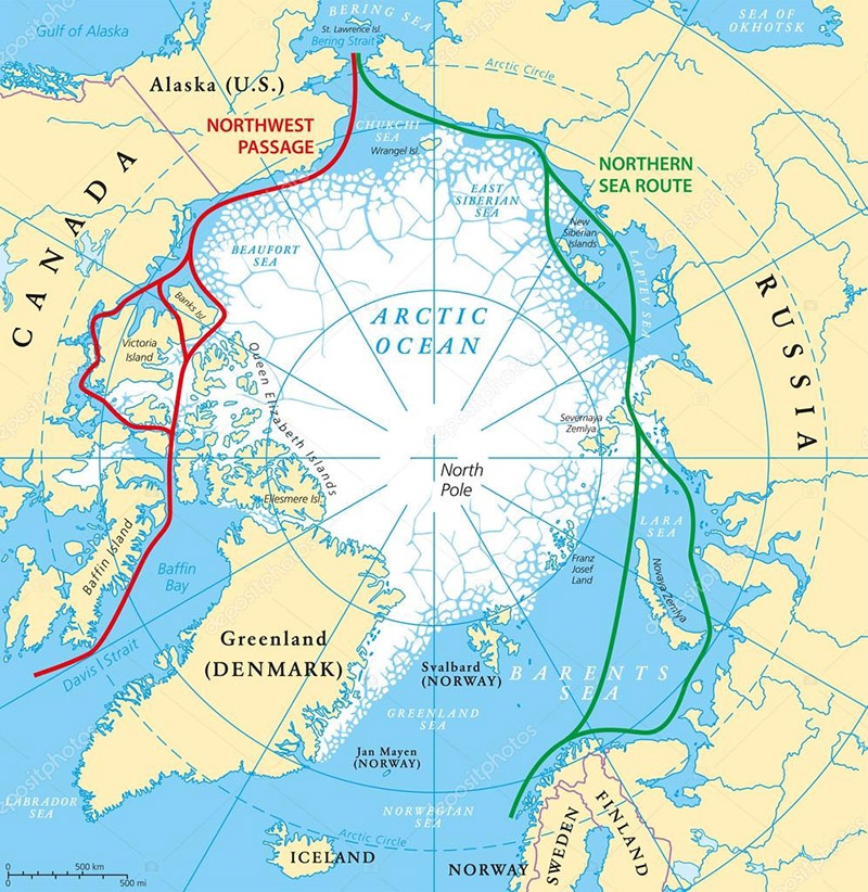 Карта Арктики- прилегающих стран и морских путей. .