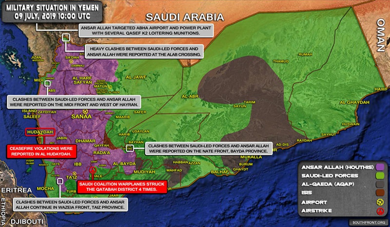 Карта противостояния в Йемене на 9 июля 2019 года.