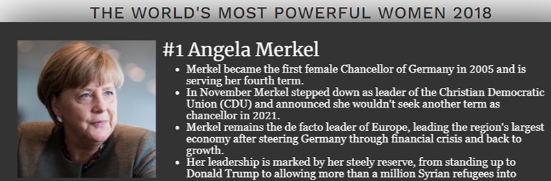 В прошлом году Меркель возглавила рейтинг 100 самых влиятельных женщин мира.