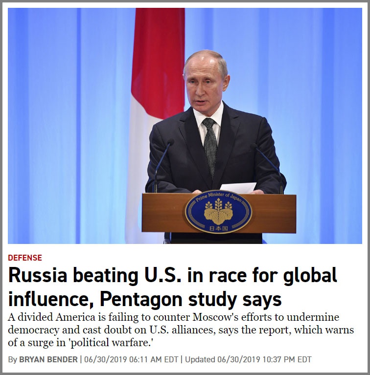 В статье «Россия обыграла США в гонке за глобальным влиянием» Politico разобрала по полочкам тезисы закрытого доклада Пентагона под названием «Стратегическая многоуровневая оценка».