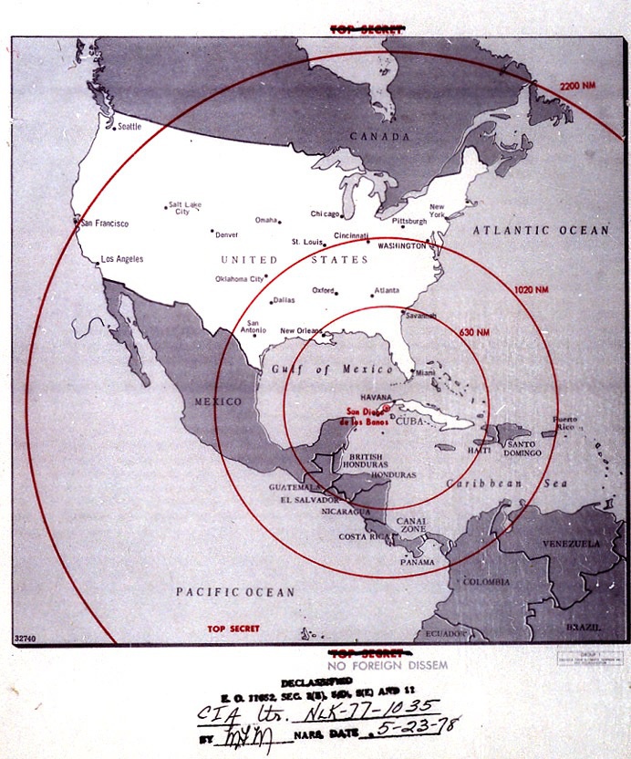 Карта радиуса действия советских ракет на Кубе времён Карибского кризиса.