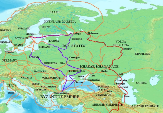 Путь «из варяг в греки» — название водного пути из Балтийского моря через Восточную Европу в Византию.
