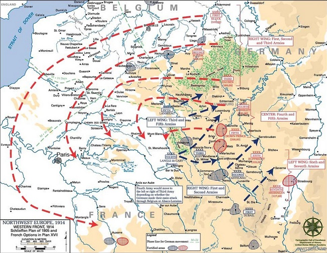 Диаграмма, показывающая общую идею плана Шлиффена 1905 года (отличного от применяемого в 1914 году): обозначены линии наступления армий, а также различные оборонительные сооружения Германии (красный), и Франции с Бельгией (синий).