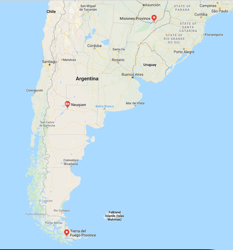 Места создания трёх американских военных баз в Аргентине.