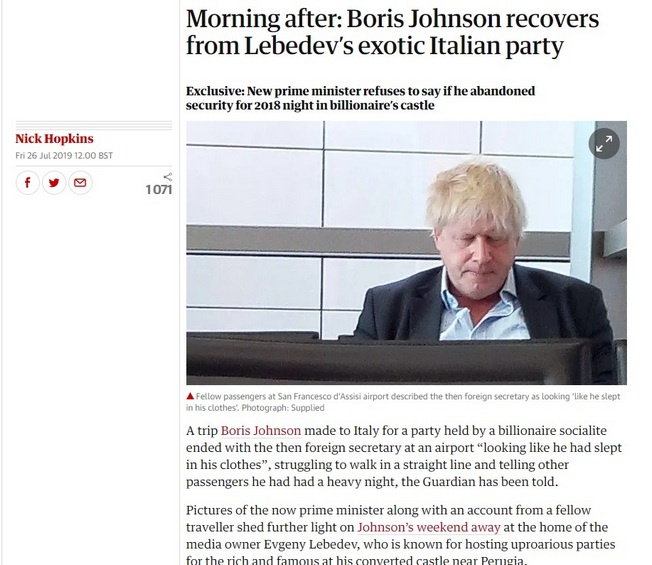 По версии The Guardian, Борис Джонсон приходит в себя  после экзотической вечеринки на вилле Лебедева.