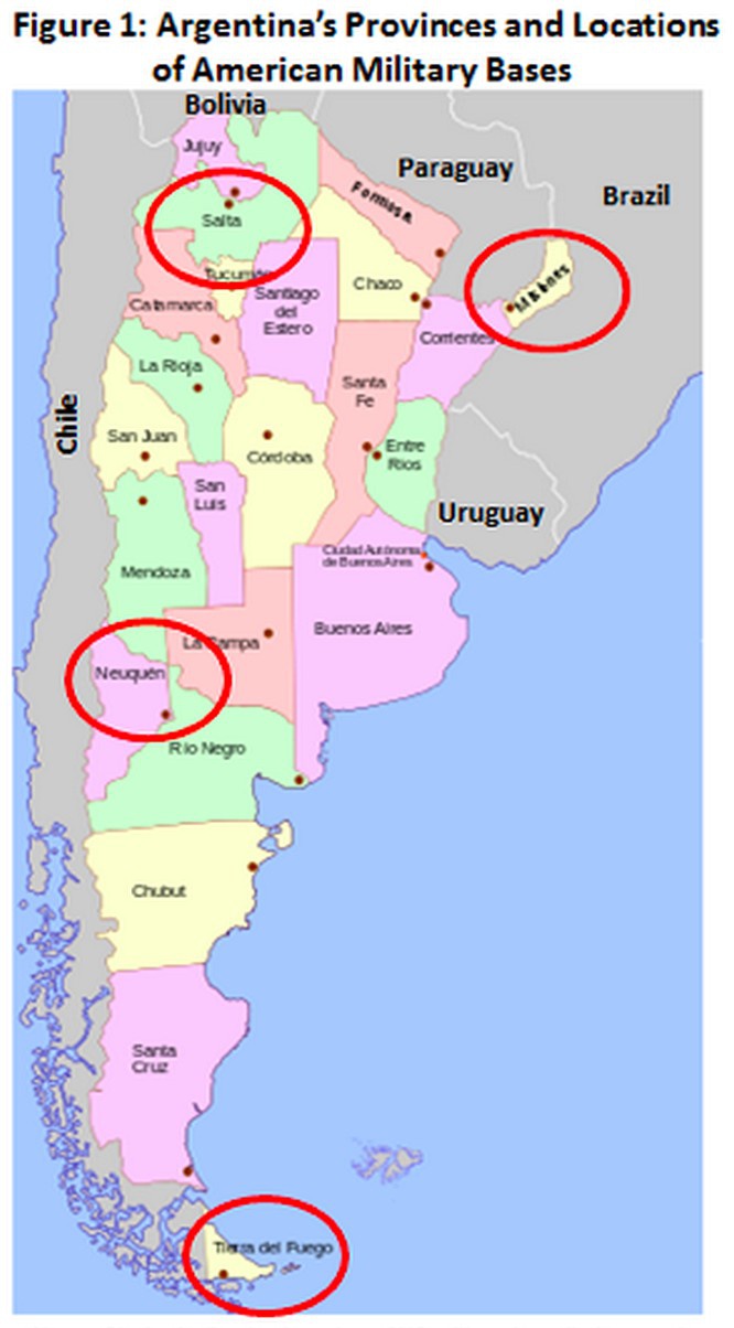 Карта расположения военных баз США в Аргентине.