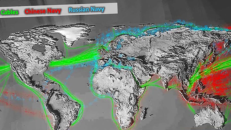 Американская карта с зонами активной деятельности ВМФ России и Китая.