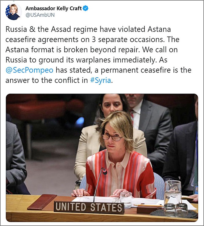 Представитель США при ООН Келли Крафт последовательно проводит антироссийскую и антиасадовскую линию.