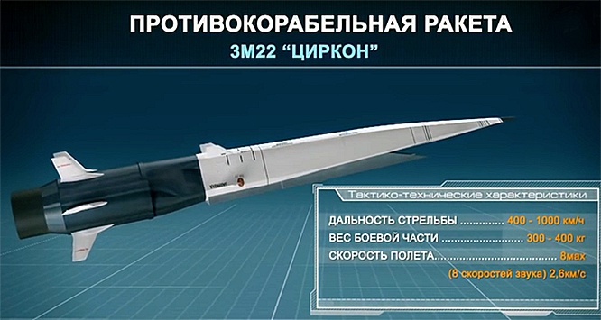 Ракета «Циркон»: дальность полёта 1.000 километров и скорость 8-9 Махов.