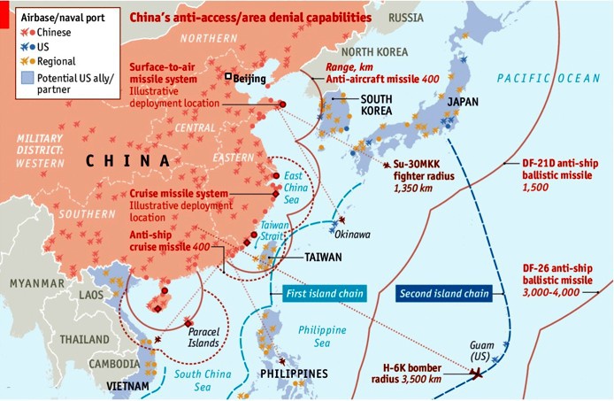 Возможности армии КНР заблокировать западную часть Тихого океана от боевых действий ВМС и ВВС США.
