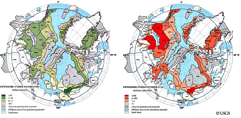 Карта запасов нефти и газа в Арктике.
