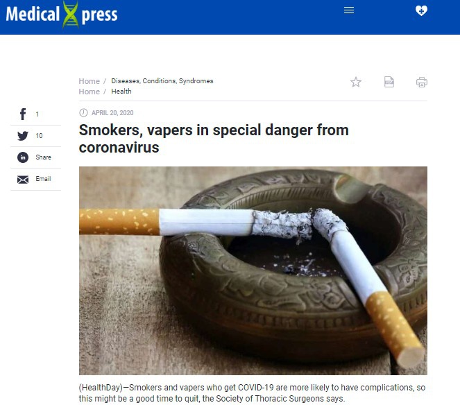 Журнал MedicalXpress рассказывает, что вероятность осложнений от коронавируса у курильщика в 14 раз выше, чем у некурящего человека.
