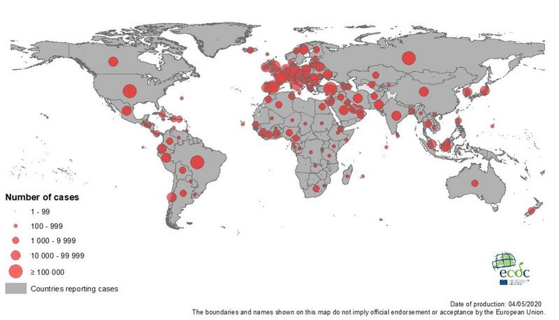 Карта заражений коронавирусом Covid-19 в мире на 4 мая 2020 года.