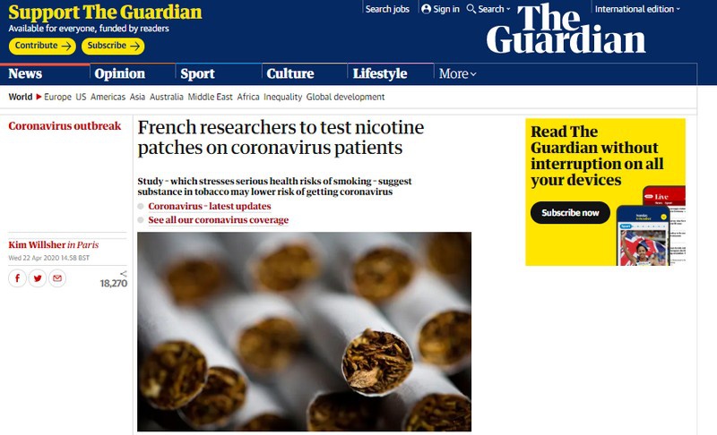 The Gardian отмечает, что клинические испытания никотиновых пластырей в качестве препарата для лечения Covid-19 ожидают одобрения органов здравоохранения Франции.