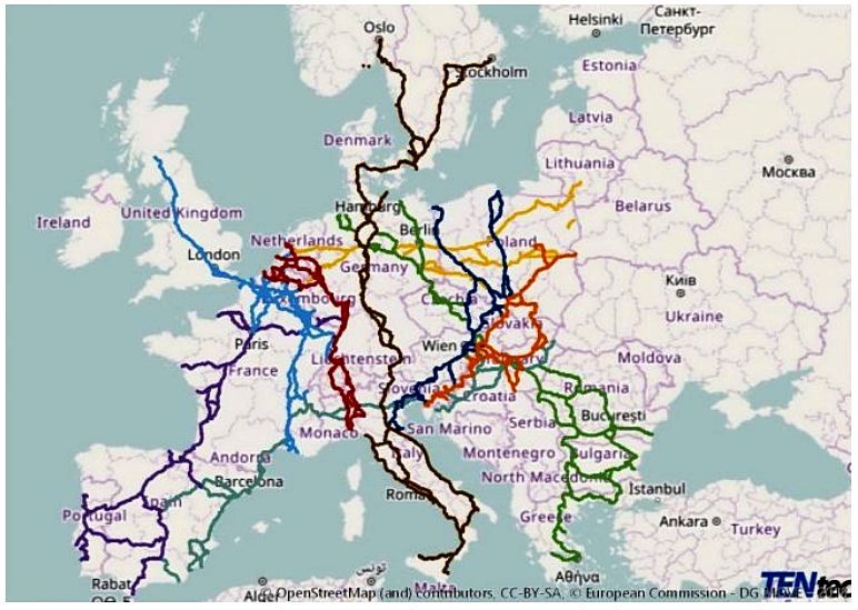 Стратегические железнодорожные коридоры Трансъевропейской транспортной сети.