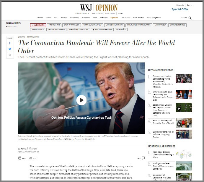 Статья Генри Киссинджера на сайте The Wall Street Journal о посткоронавирусном будущем мира.