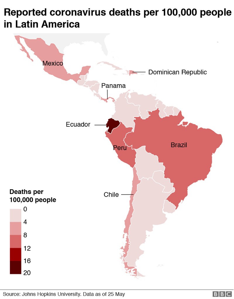 Уровень смертности от COVID-19 в Латинской Америке.