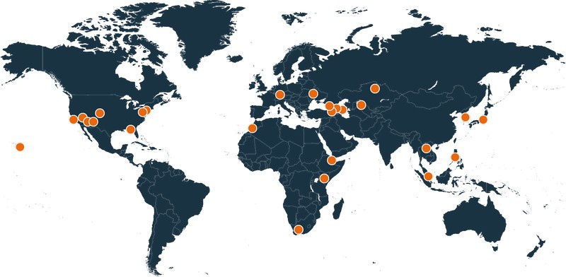 Местоположения лабораторий DTRA по всему миру.