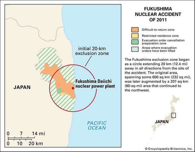 Карта территории, пострадавшей от аварии на АЭС «Фукусима-1».