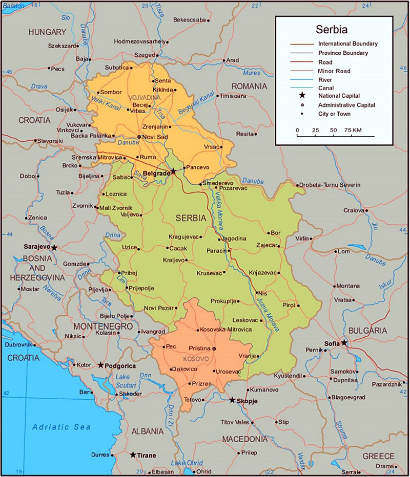 Карта Сербии включающая Косово.