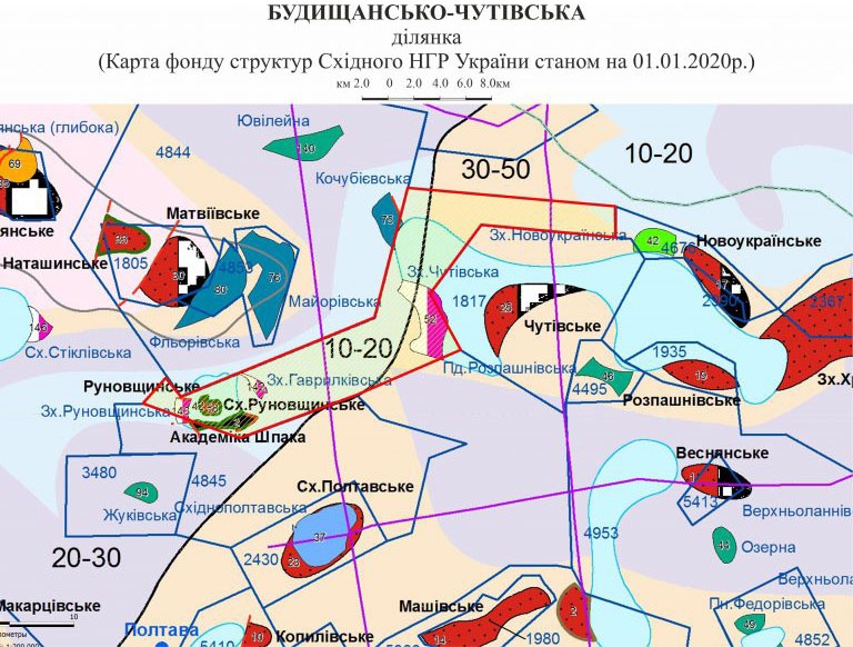 Карта Будищанско-Чутовского месторождения в Полтавской области.