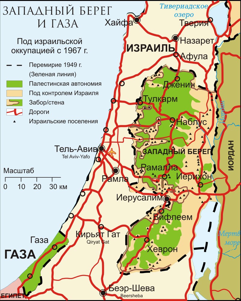 Карта Западного берега реки Иордан и сектора Газа, 2007 год.