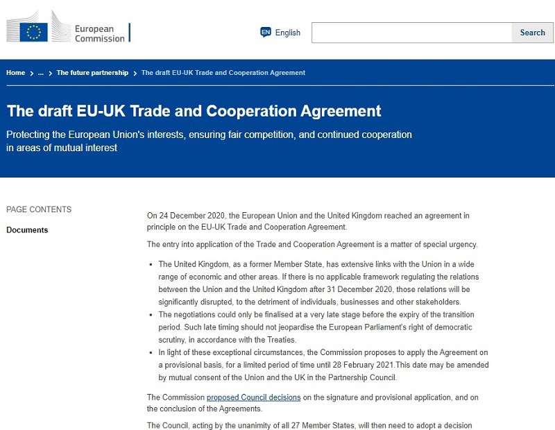 Проект Соглашения о торговле и сотрудничестве между ЕС и Великобританией.
