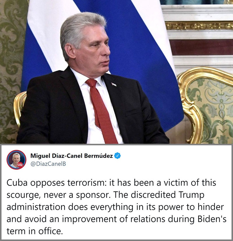 Президент Кубы Мигель Диас-Канель в своём Твиттере заявил, что Куба выступает против терроризма, т.к. сама стала жертвой этого бедствия.