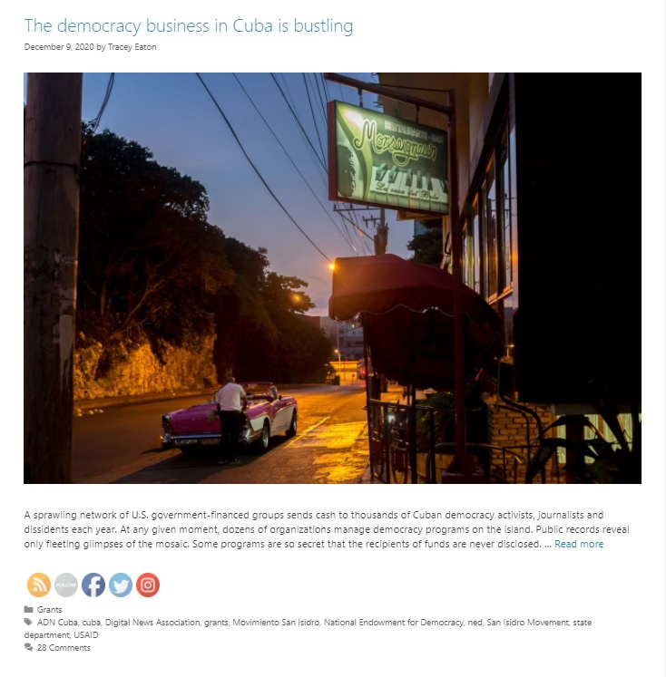 Статья с характерным названием «Бизнес на установлении демократии на Кубе процветает» в Cuba Money Project.
