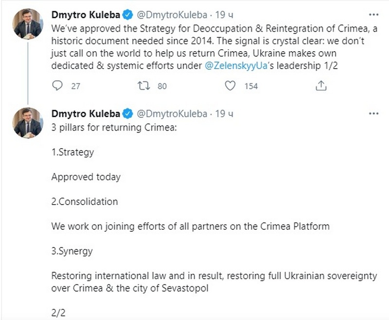Министр иностранных дел Украины Дмитрий Кулеба сообщил в Twitter, что Совет национальной безопасности и обороны Украины утвердил подписанную президентом страны стратегию «деоккупации и реинтеграции» Крыма.