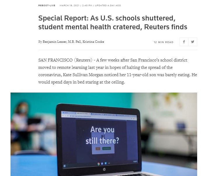 В феврале агентство Reuters провело опрос в школьных округах по всей стране, чтобы оценить, какое влияние оказывает на психическое здоровье детей полное или частичное закрытие школ.