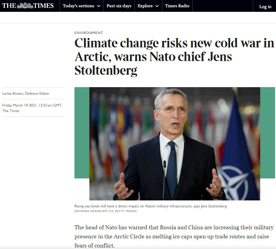 Йенс Столтенберг в недавнем интервью британской газете The Times заявил, что изменение климата имеет «прямые последствия для безопасности НАТО во всём мире».