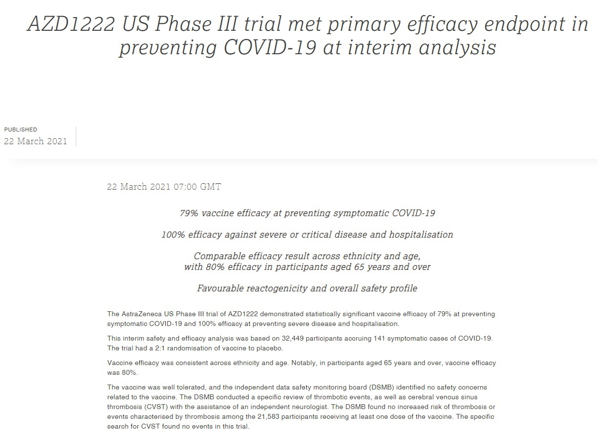 Пресс-релиз AstraZeneca от 22 марта, в котором заявлено о как бы успешном завершении фазы 3 исследования эффективности и безопасности своей вакцины.