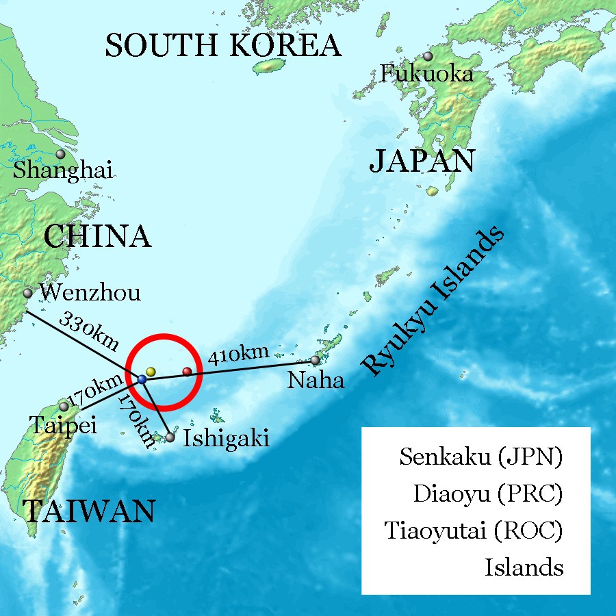 Острова Сенкаку (расстояние до соседних территорий и островов).