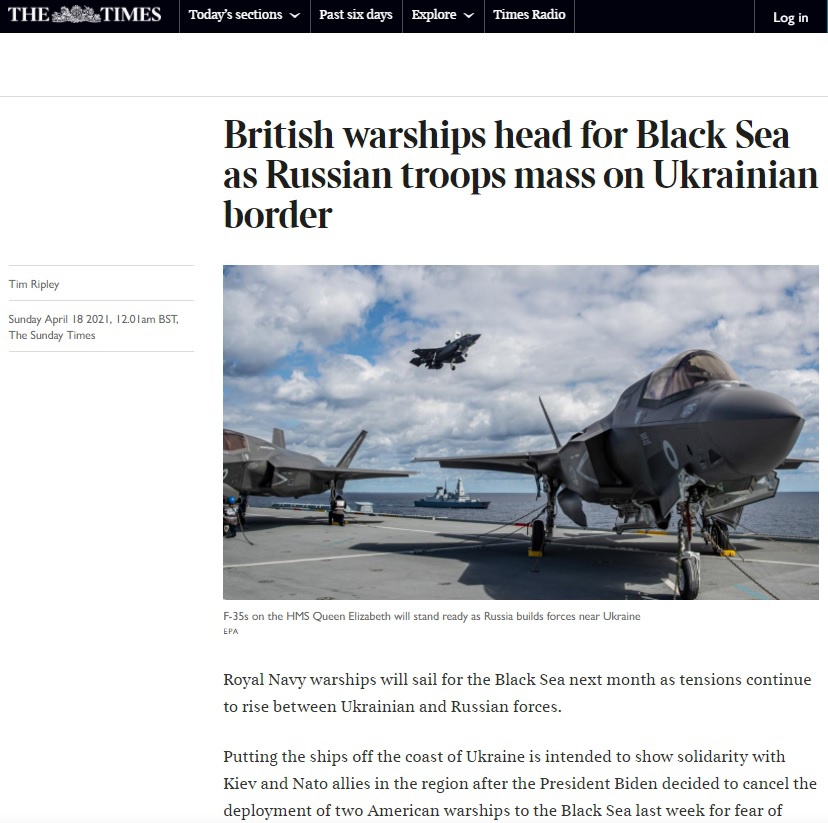 На днях The Times со ссылкой на источники в ВМС сообщила, что в мае Великобритания направит корабли британского флота в Чёрное море «в знак поддержки Украины в связи с ситуацией на российско-украинской границе».