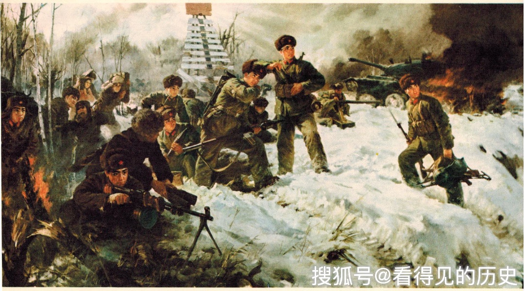 Агитационный плакат «Территория Родины неприкосновенна» китайского армейского художника Гуань Цимина, посвящённый битве на острове Чжэньбао (Даманский).
