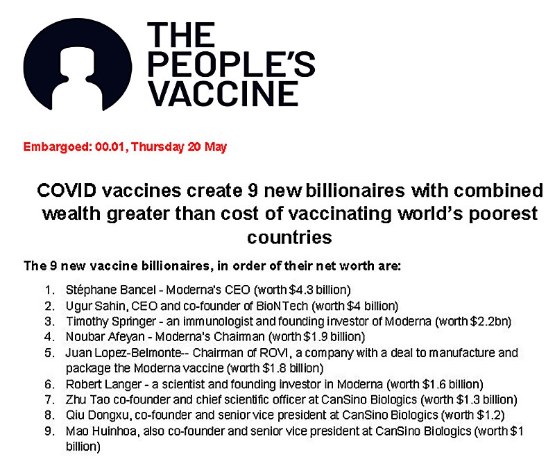 Доклад движения The People's Vaccine Alliance о девяти новых долларовых миллиардерах, разбогатевших на вакцине от Covid-19.