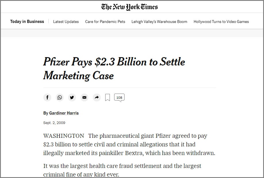 Статья «Pfizer Pays $2.3 Billion to Settle Marketing Case» в газете The New York Times.
