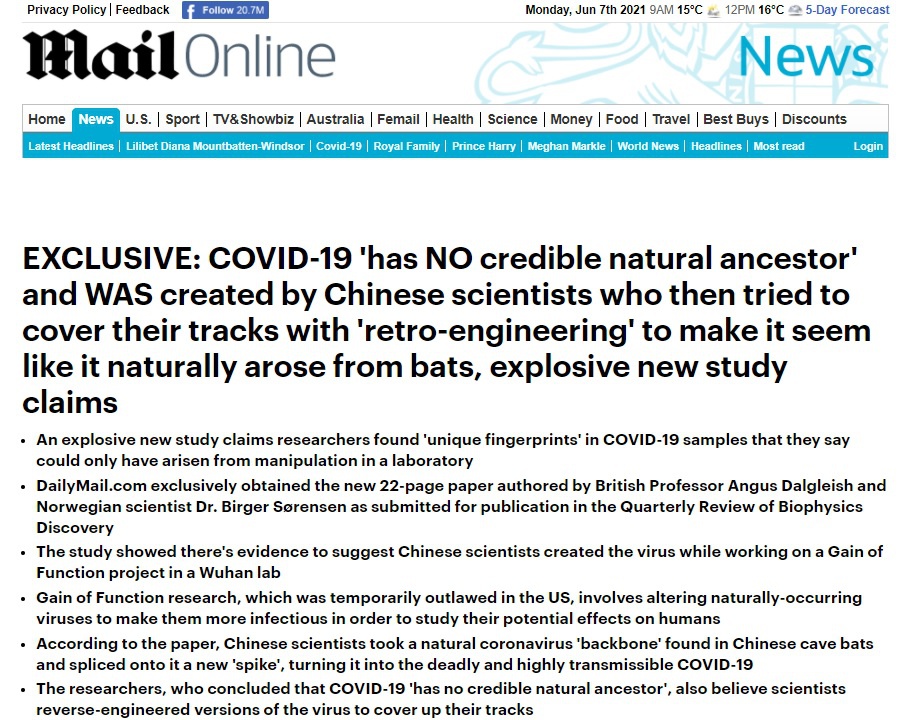 Статья в издании Daily Mail, авторы которой утверждают, что «вирус SARS-CoV-2 не имеет надёжного естественного предка».