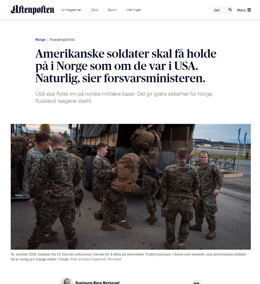 Норвежская газета Aftenposten считает, что американские формирования будут действовать в Норвегии так, словно они находятся у себя дома в США.