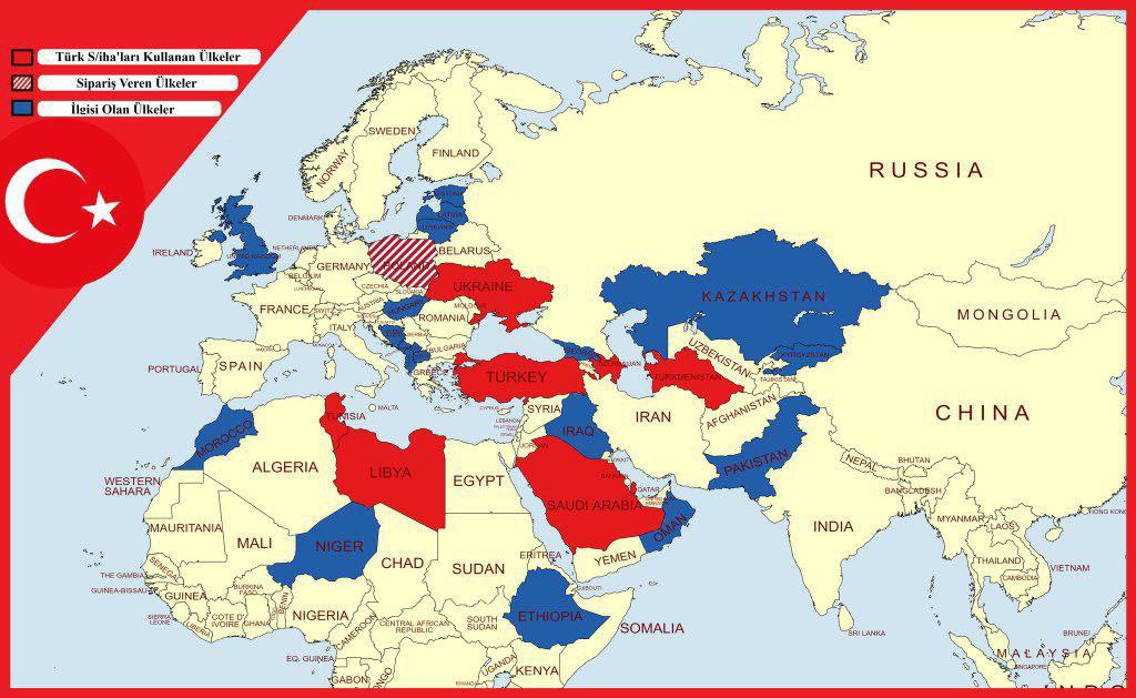 Красным отмечены страны, с которыми уже заключены контракты, cиним - с которыми обсуждается вопрос закупки турецких БПЛА.