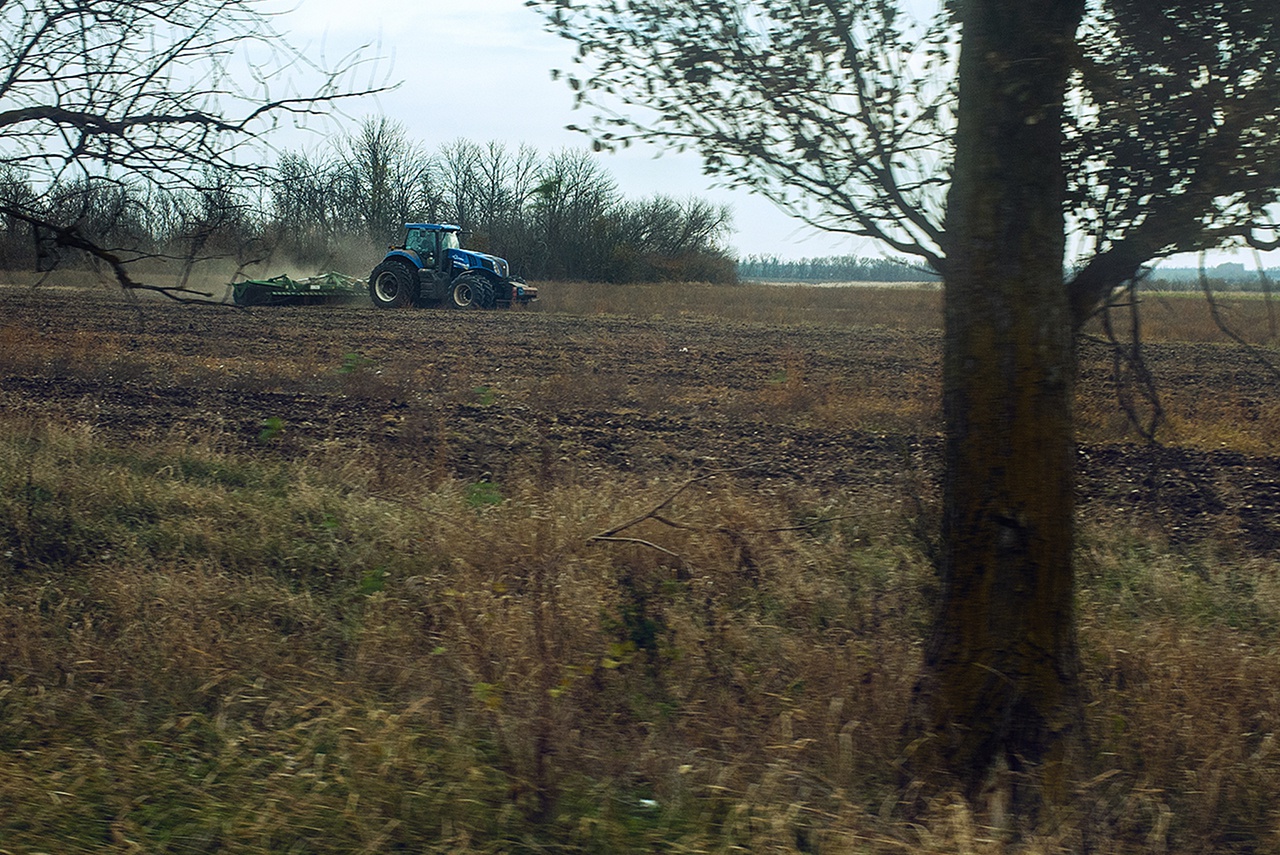 На полях сеют озимые, хотя накануне снаряды украинской артиллерии долетали и сюда.