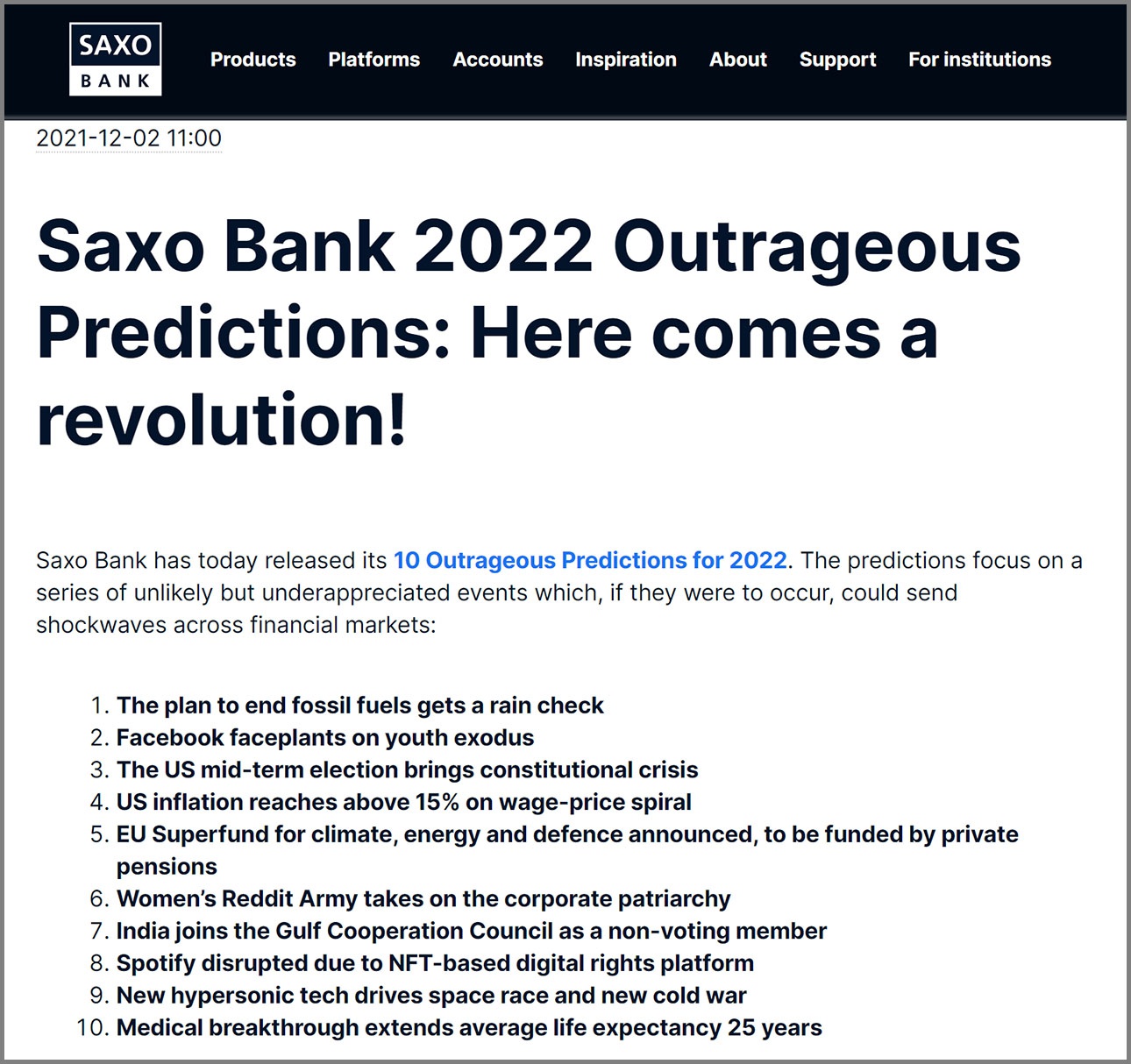 Датский Saxo Bank представил свои «10 шокирующих предсказаний» на следующий год.